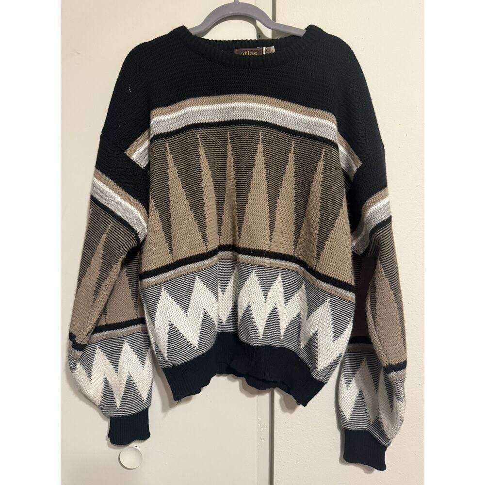 Atlas Men's Vintage Made In USA Pullover Sweater Black Multicolor Pattern XL EUC